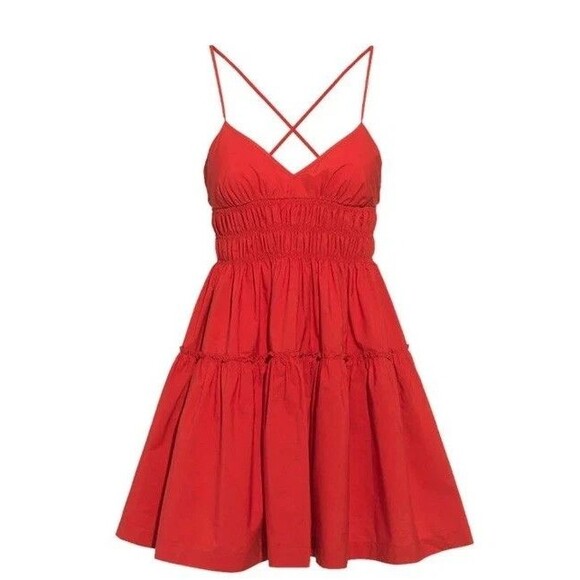 Three Graces London Mia Poplin Mini Dress 12 US 8 Red 100% Cotton Smocked - Picture 8 of 8